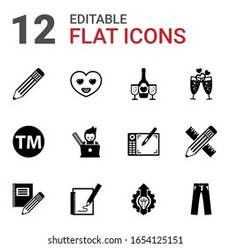 12 drawing filled icons set isolated on white background. Icons set with Pencil, happiness, champagne, Trademark, graphic designer, Stationery, Sketching, Innovation business icons.