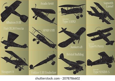12 Early time Mono and Biplane monochrome silhouette with white detail lines