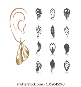 12 Earring Templates. Cutout silhouettes with wing, feather, eye pattern. Design is suitable for creating fashion & charm jewellery. 