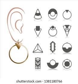 12 Earring Vector Templates. Cutout silhouettes like hoops & geometric shapes. Design is suitable for creating dainty & charm woman jewellery. 