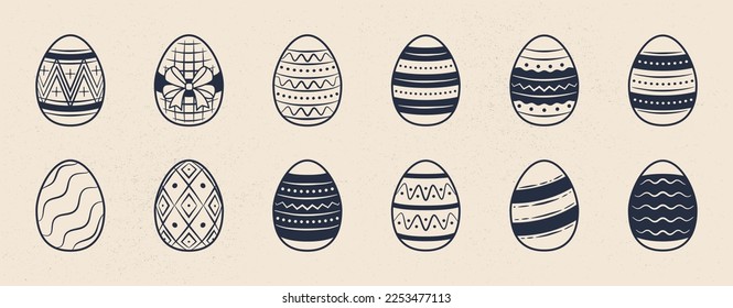 12 Easter eggs icons set. Vintage funny Easter eggs isolated on white background. Design elements for logo, badges, banners, labels, posters. Vector illustration