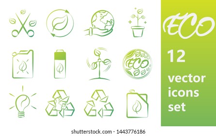 12 Eco elegant icons set. White and green. EPS 10 vecor. For print, emblem, buisness, postcards, web.