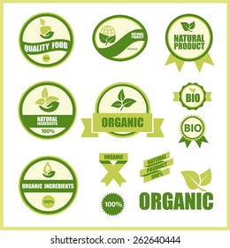 12 ecological green vector labels with environmental icons and inscriptions