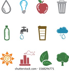 12 ecology flat icons: drop, light bulb, bin, trash can, bottle, tap water, paper glass, cloud, rain, sun, leaf, tree, 
