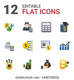 12 economy flat icons set isolated on white background. Icons set with Cryptocurrency, Accountant, Calculator, Balance Sheet, Marketing budget, Business education, Fork icons.