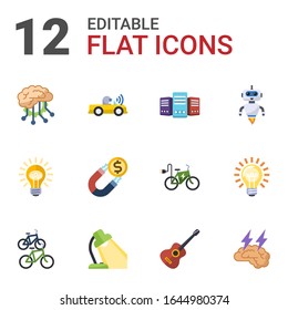 12 electric flat icons set isolated on white background. Icons set with Deep learning, Autonomous, Big data, Idea, Attract, AI Robot, bike station, Table lamp, Guitar playing icons.