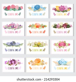 12 elegant cards with floral bouquets, design elements. Can be used for wedding, baby shower, mothers day, valentines day, birthday cards, invitations. Vintage decorative flowers.