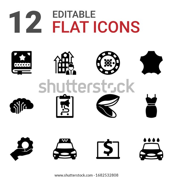 12\
element filled icons set isolated on white background. Icons set\
with Scrapbooking, Business Company, roulette, AI Architecture,\
social media strategy, leather, Services\
icons.