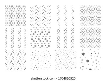 12 elements for creating seamless backgrounds with stars. Black and white vector pattern Set. Patterns for Christmas background, snowfall, winter design