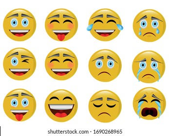 12 emojis. Enhanced and advanced emoticons with happy and sad faces.