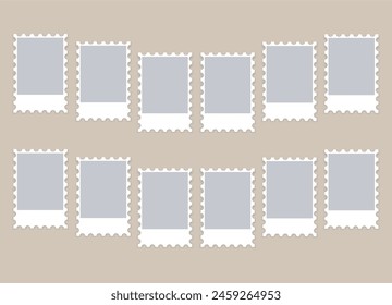 12 empty photo frames from postage stamps. Set of photo cards for portraits. Mockup on beige background. Blank Template for collages, photo albums, presentations design. Vector realistic cards.