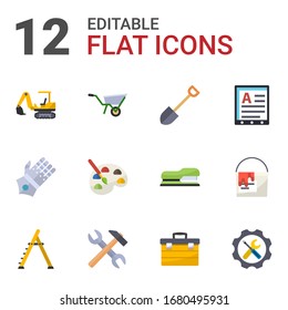 12 equipment flat icons set isolated on white background. Icons set with excavator, Wheelbarrow, Shovel, gauntlet gloves, Painting, Web Hosting, stepladder, tools, toolbox icons.