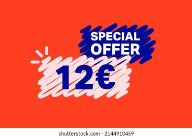 12 Euro OFF Sale Discount banner shape template. Super Sale Euro 12 Special offer badge end of the season sale coupon bubble icon. Modern concept design. Discount offer price tag vector illustration.