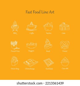 12 Fast Food Line art or outline Icon - BBQ, Cake, Chimichanga, Onion Ring, Enchilada, Cup cake, Nachos, Nuggets, Steak, Pretzel Isolated Icons