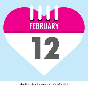 12 February calendar icon heart shape on light sky blue color background, calendar vector symbol for the month of February.