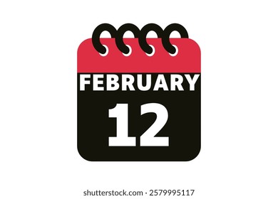 12 February calendar icon text page monthly web design on red, black and white background vector, icon, or illustration with the month of February 12