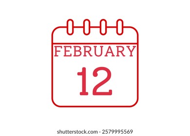 12 February calendar icon text page monthly web design on red and white background vector, icon, or illustration with the month of February 12