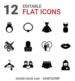 12 female filled icons set isolated on white background. Icons set with handmade Jewelry, necklace, bride dress, Hairdressing salon, businesswoman, dress, Clothes, couple icons.