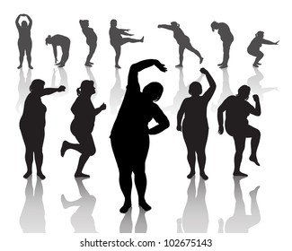 12 figures of thick women doing morning exercises