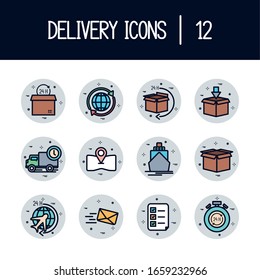 12 fill block style icon set design, Delivery logistics transportation shipping service warehouse industry and global theme Vector illustration