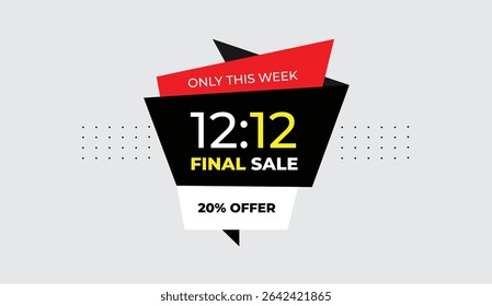 12 to 12 final sale 20% offer only this week editable web banner vector art illustration with modern white red black shapes on light gray background eye catching unique design for online promotion