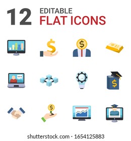 12 finance flat icons set isolated on white background. Icons set with SEO monitoring, investment, Entrepreneurship, eCommerce solutions, blockchain, gold bar, partnership icons.