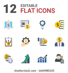 12 iconos financieros planos establecidos aislados en fondo blanco. Iconos con inversionista Ángel, depósito de alquiler, innovación en fintech, Planificación de negocios, industria de fintech, íconos de presupuesto de marketing.