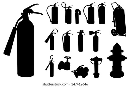 12 Fire extinguisher, hydrants and other accessories silhouette.