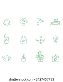 12 Flat Art Renewable Energy And Environmental Protection Green Icons For Earth Day