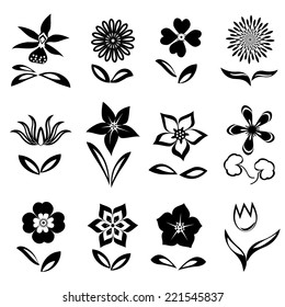 12 Flower icon set. Black cutout silhouettes on white background.  Isolated symbols of flowers and leaves. Vector