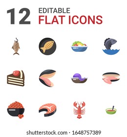 12 food flat icons set isolated on white background. Icons set with smoked fish, Fish, Salad, dessert, mussel, Seafood, caviar, fish steak, lobster, Soup, oyster, seafood icons.