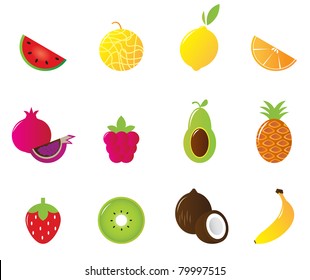 12 fruit and berries cute icons collection. Vector Illustration.