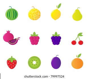 12 fruit and berries cute icons collection. Vector Illustration.