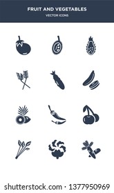 12 fruit and vegetables vector icons such as carrots, cauliflower, celery, cherries, chili contains coconut, courgette, cucumber, dill, dragon fruit, durian icons