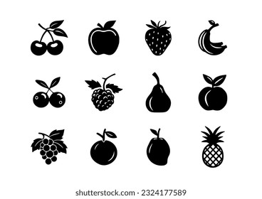 12 fruits black silhouette set vector illustrations