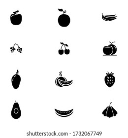12 fruits icon set glyph style such as mangoes, apples, bananas, pineapples, coconuts, avocados, guavas, cherries