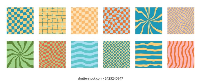12 funky psychedelic retro patterns. y2k groovy checkerboard. Vector wavy cute background with distorted grid