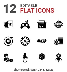 12 game filled icons set isolated on white background. Icons set with Joker, Gaming, Game-based Learning, Target, roulette, Jackpot, gamer, mana potion, dice, AI Robot icons.