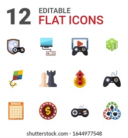 12 game flat icons set isolated on white background. Icons set with game clan, Video games, Game streaming, Hobbie, Strategy dice, Bingo, casino Chip, joystick, Casino icons.