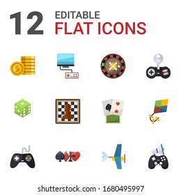 12 game flat icons set isolated on white background. Icons set with bet, Video games, roulette, dice, Chess, Cheat, Gaming, gambling, Aeromodeling, In-game Advertising icons.