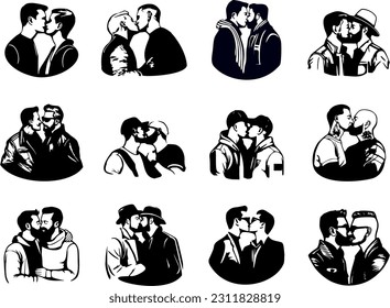 12 gay men kissing men set, pride month, lgbt, minimal black outlines vector illustrations