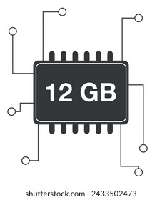 12 GB Ram. Ram memory with electrical circuits, technology and computer processing concept