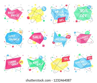 12 geometric banner flat style design vector illustration set isolated on white background. Sale text on geometric stone shape form with orbits and another simple shapes. Sale banners or stickers