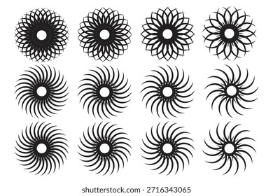 12 Geometrische Mandala Spirograph Vektor Ornament Silhouette Set.