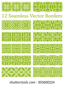 12 geometric seamless borders or backgrounds based on square patterns, vector illustration for use in your creative projects