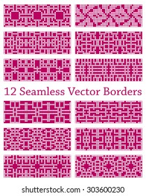12 geometric seamless borders or backgrounds based on square patterns, vector illustration for use in your creative projects