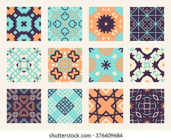 12 geometric seamless patterns set, retro style vector backgrounds collection.