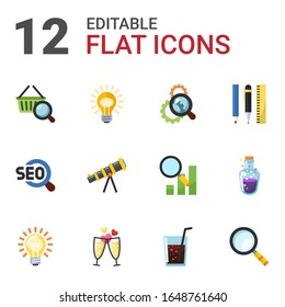 12 glass flat icons set isolated on white background. Icons set with Marketing research, Idea, Search optimization, SEO, telescope, Drawing tools, champagne, drinks, Magnifier icons.