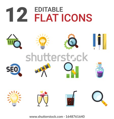 12 glass flat icons set isolated on white background. Icons set with Marketing research, Idea, Search optimization, SEO, telescope, Drawing tools, champagne, drinks, Magnifier icons.