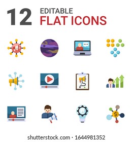 12 global flat icons set isolated on white background. Icons set with Global education, planet, eCommerce solutions, Advertising Networks, Video marketing, Clustering, eCommerce marketing icons.